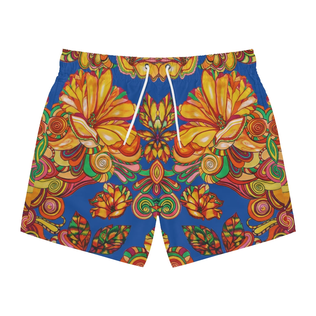 Artsy Floral Men's Blue Swimming Trunks