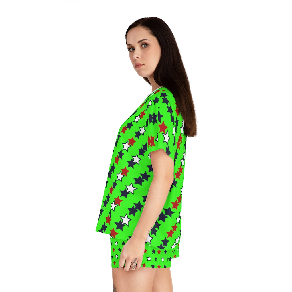 Neon Green Star Print Short Pajama Set (AOP)