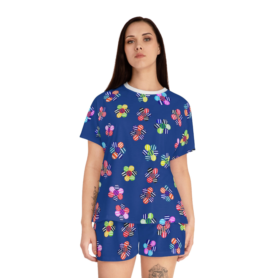 royal blue geometric floral shorts & t-shirt pajama set