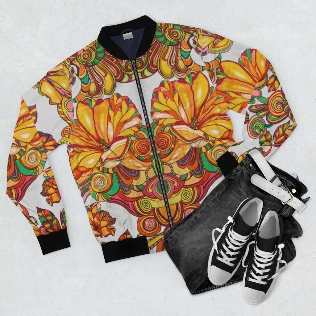 slate grey men's wear bomber jacket in artsy floral print