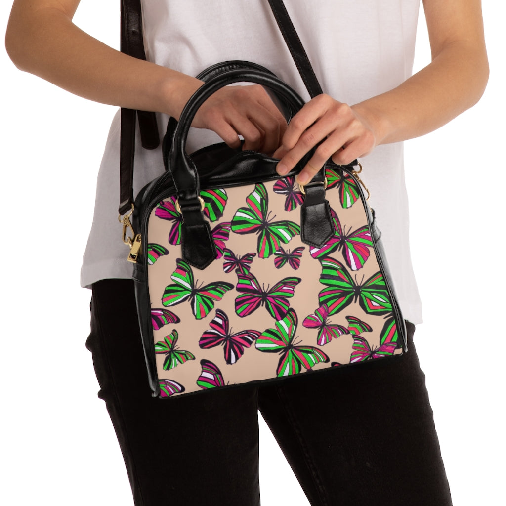 nude butterfly print handbag