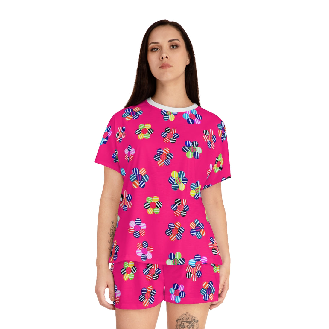 hot pink geometric floral shorts & t-shirt pajama set