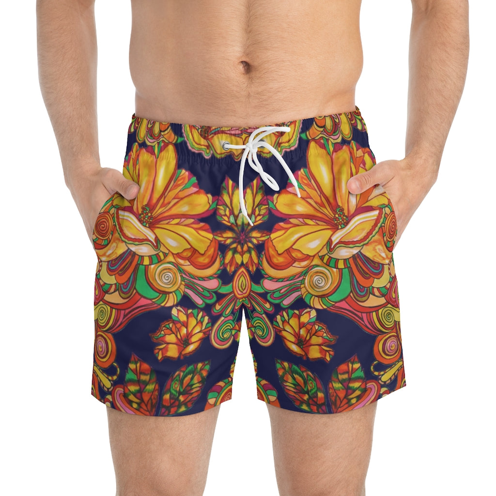 Artsy Floral Men's Ink Swimming Trunks