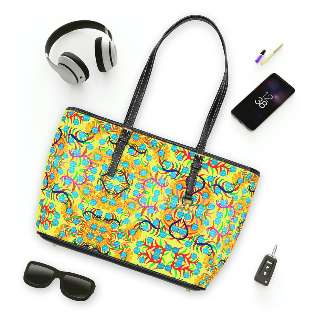 canary pu leather sunflower print oversize tote bag