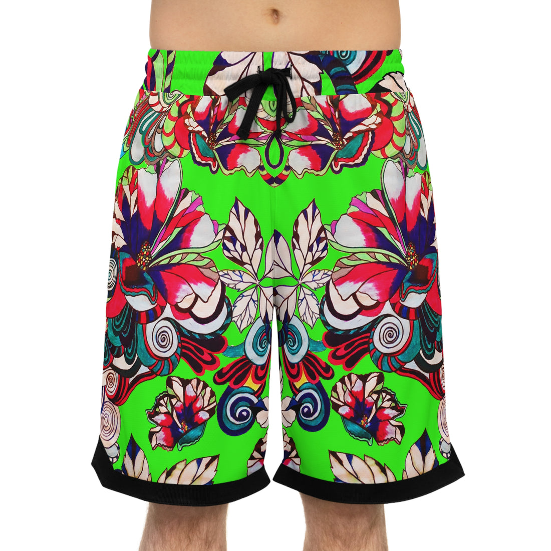Neon Green Graphic Floral Basketball Rib Shorts (AOP)