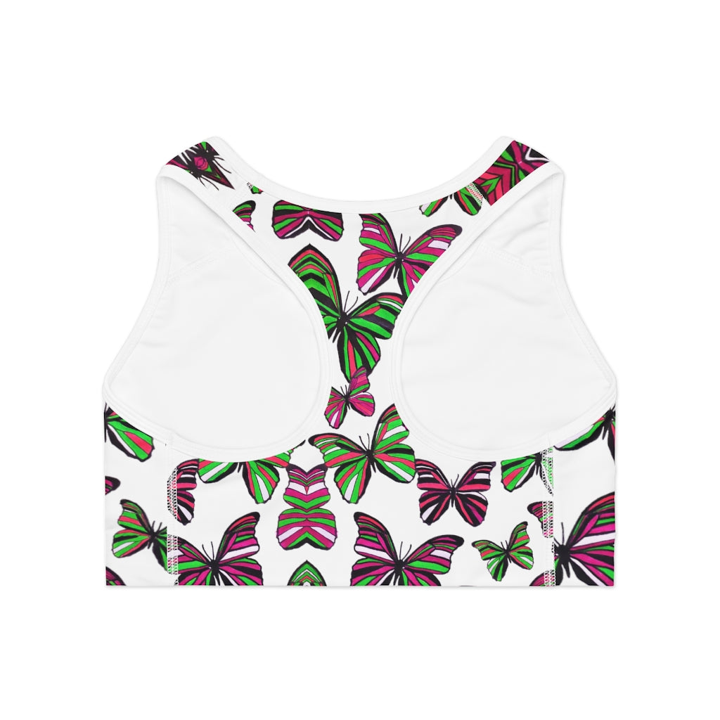 white butterfly print sports bra