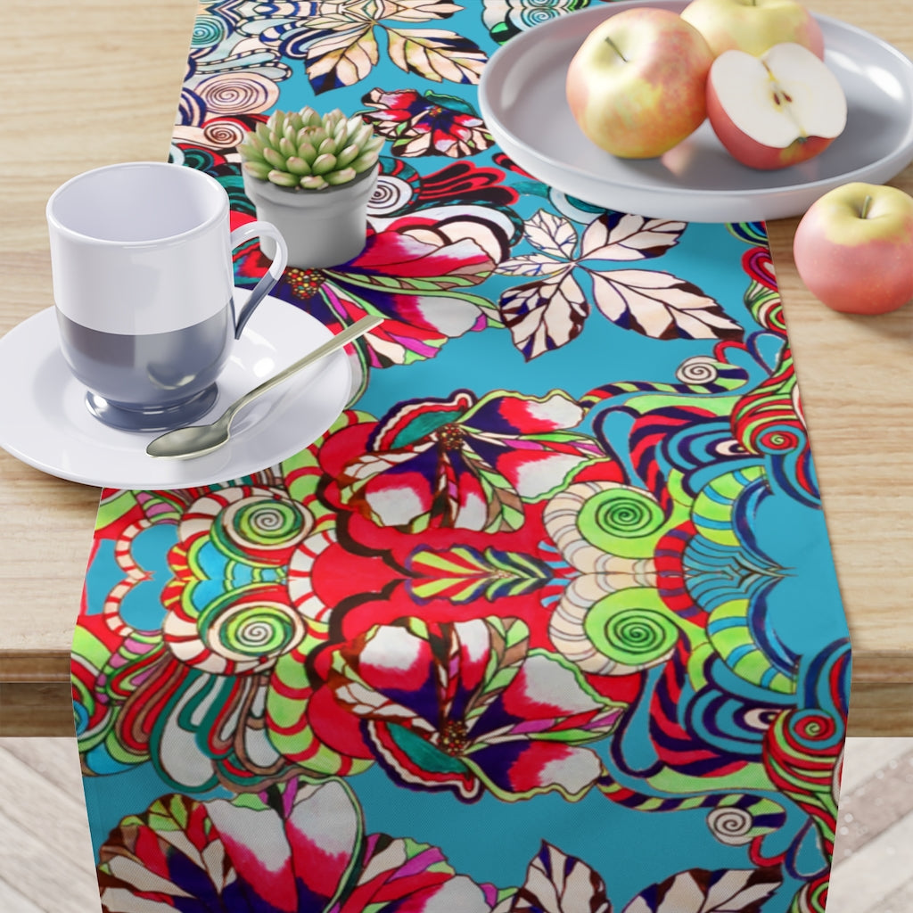 Artsy Floral Pop Aqua Table Runner