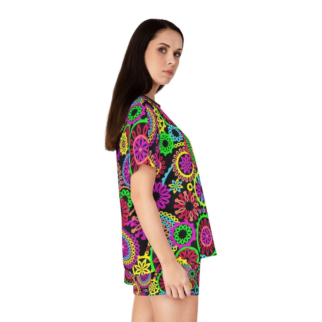 Black 70's Vibe Short Pajama Set (AOP)