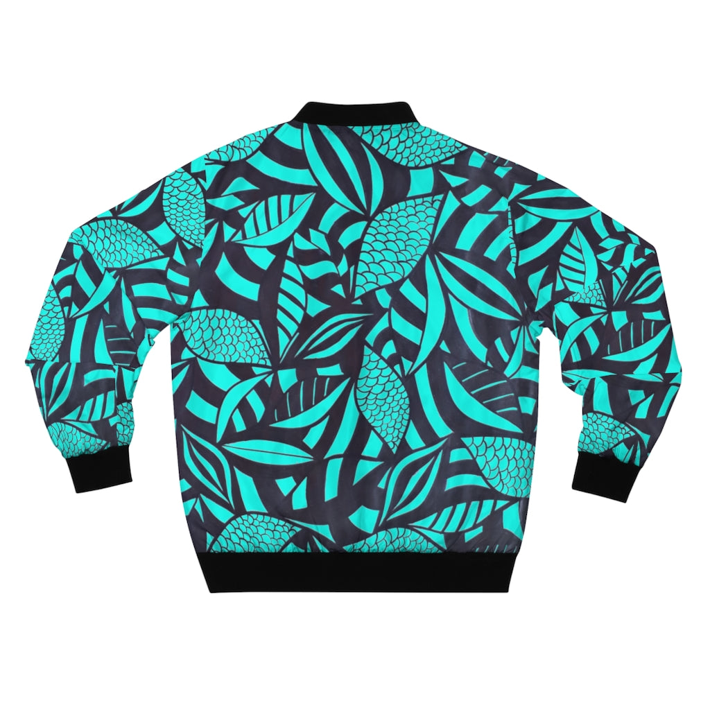 cyan tropical leaves print men's bomber jacket