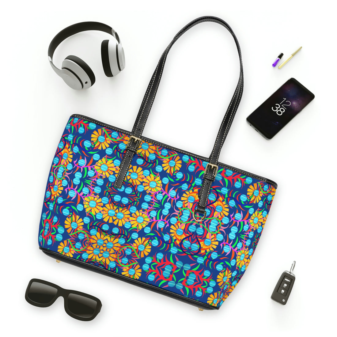 royal blue sunflower print pu leather zipper tote bag