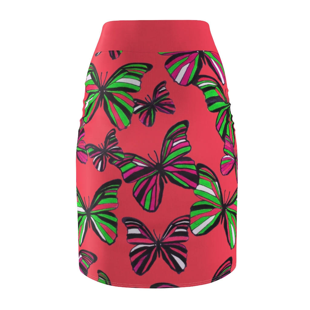 Coral Red Butterflies Pencil Skirt