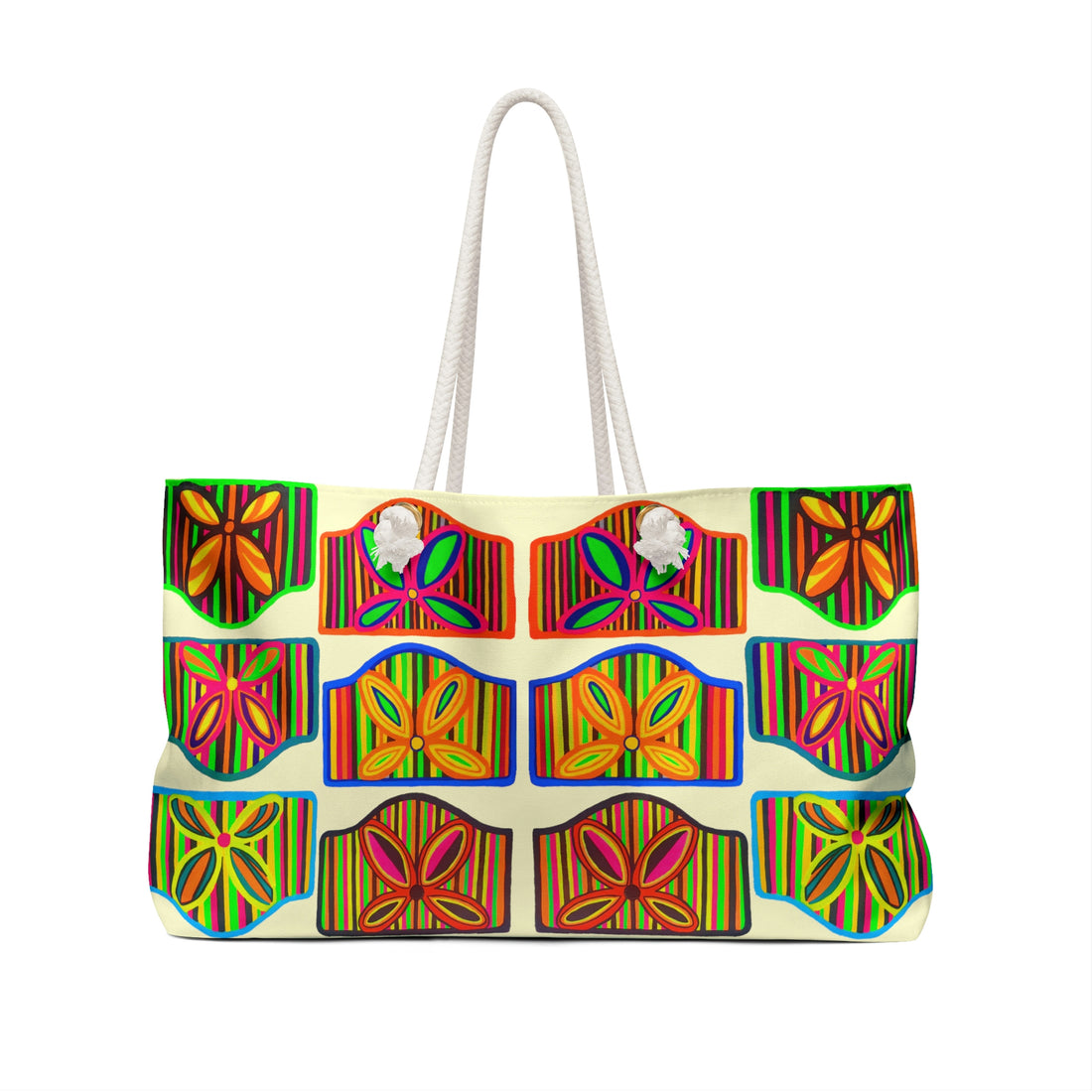 cream art deco print open beach tote