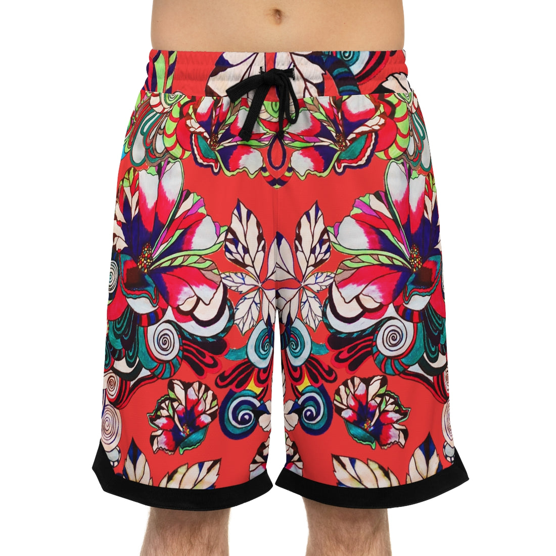vermillion graphic floral print basketball shorts