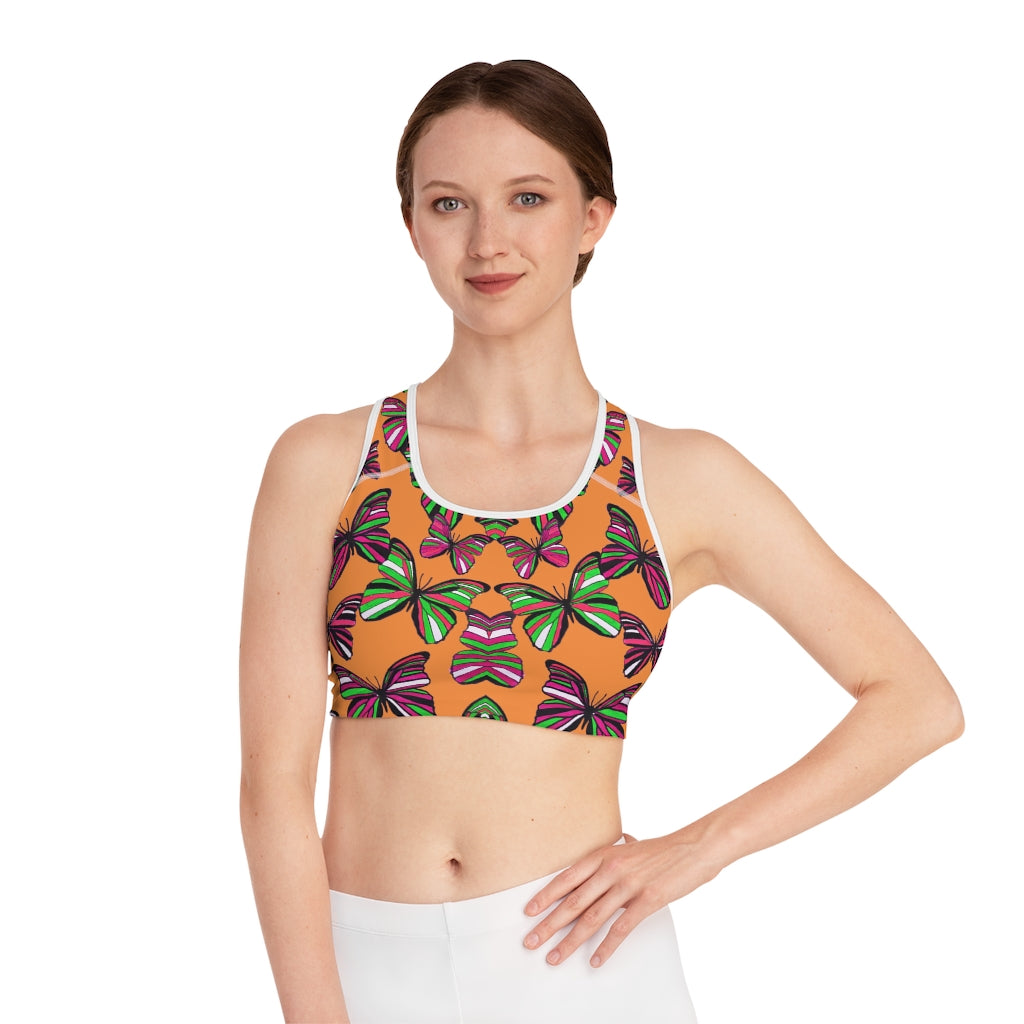 peach butterfly print sports bra