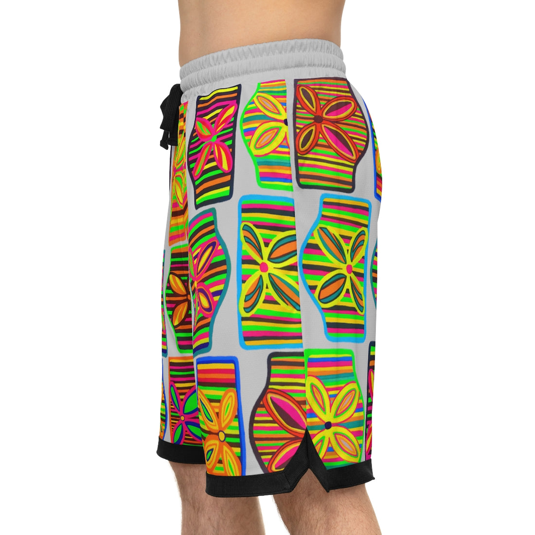 Slate Grey Deco Print Basketball Rib Shorts (AOP)