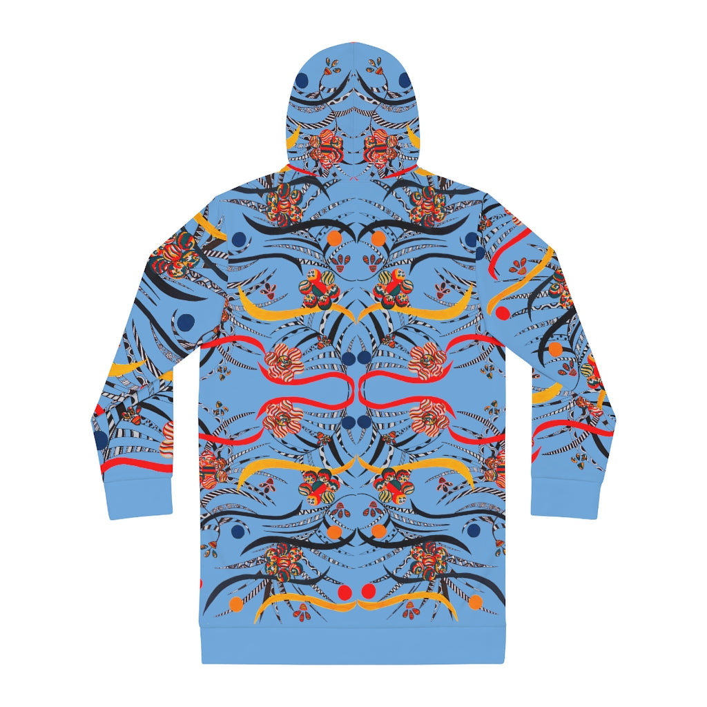 sky blue animal & floral print hoodie dress