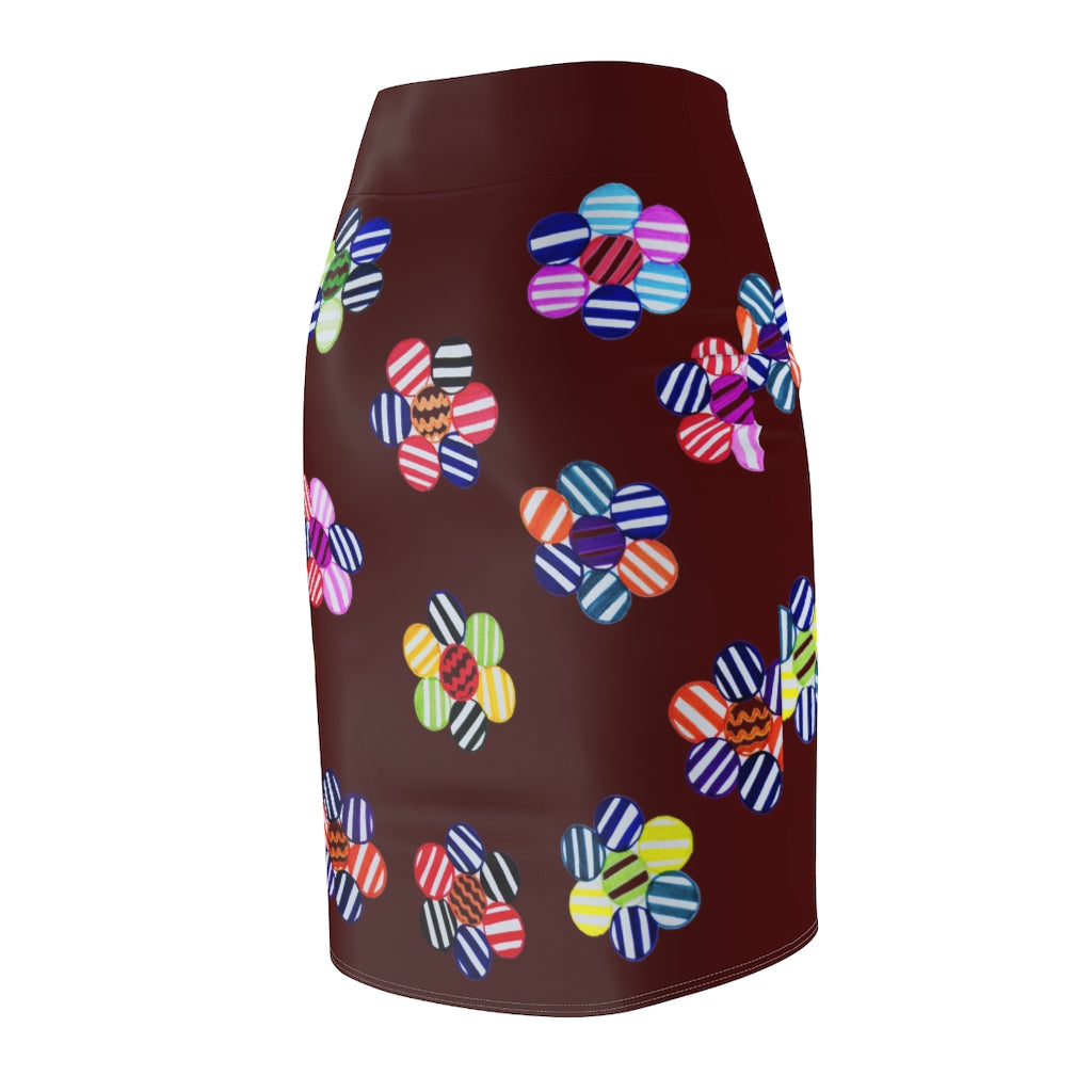 Marsala Candy Florals Print Pencil Skirt