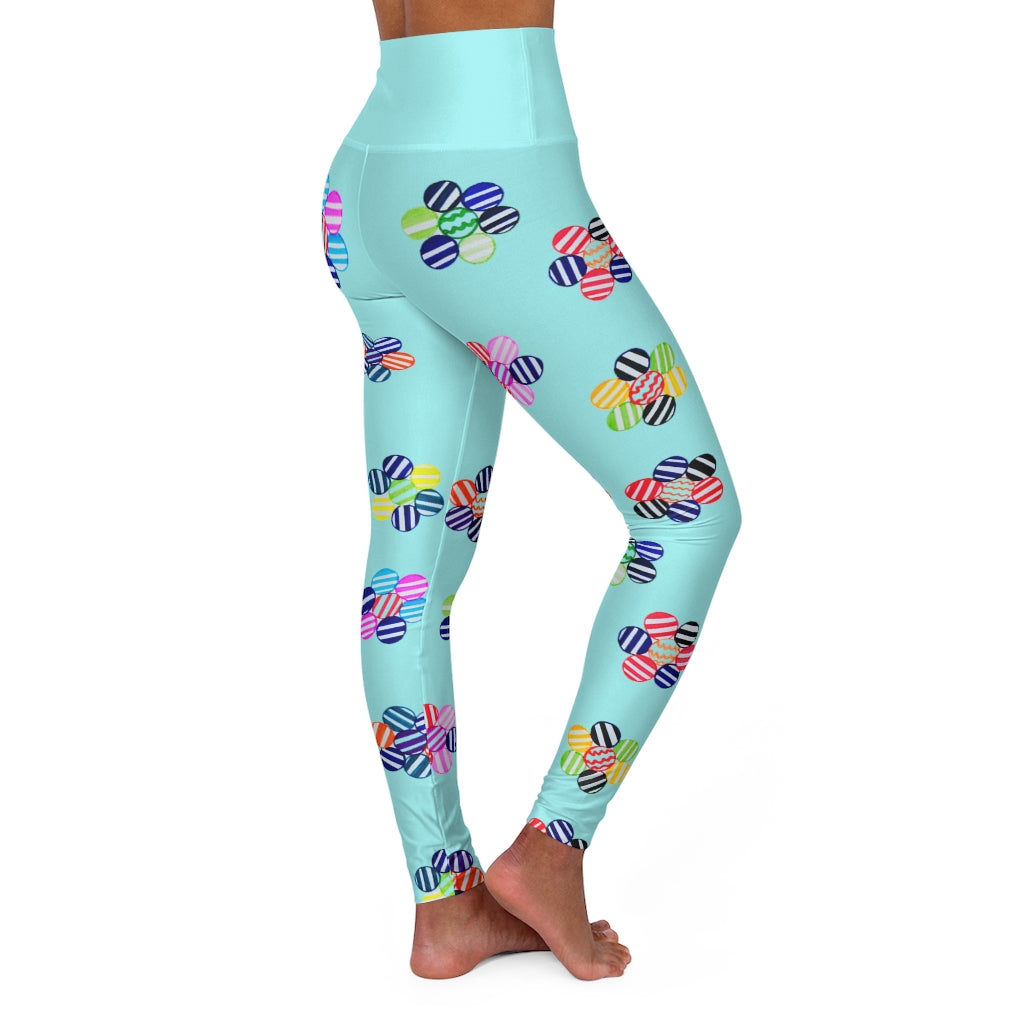 icy blue geometric floral printed yoga leggings