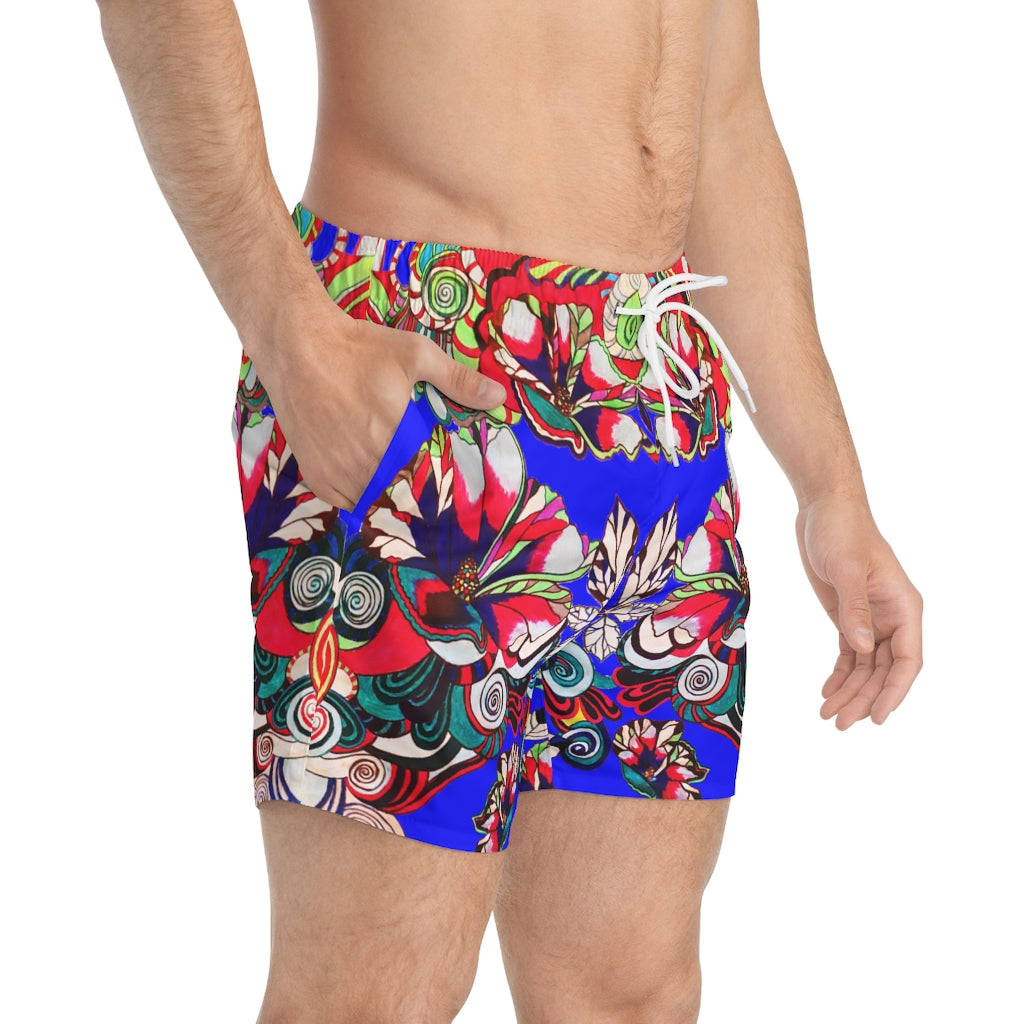 electric blue Graphic floral print men's swimming trunks by labelrara