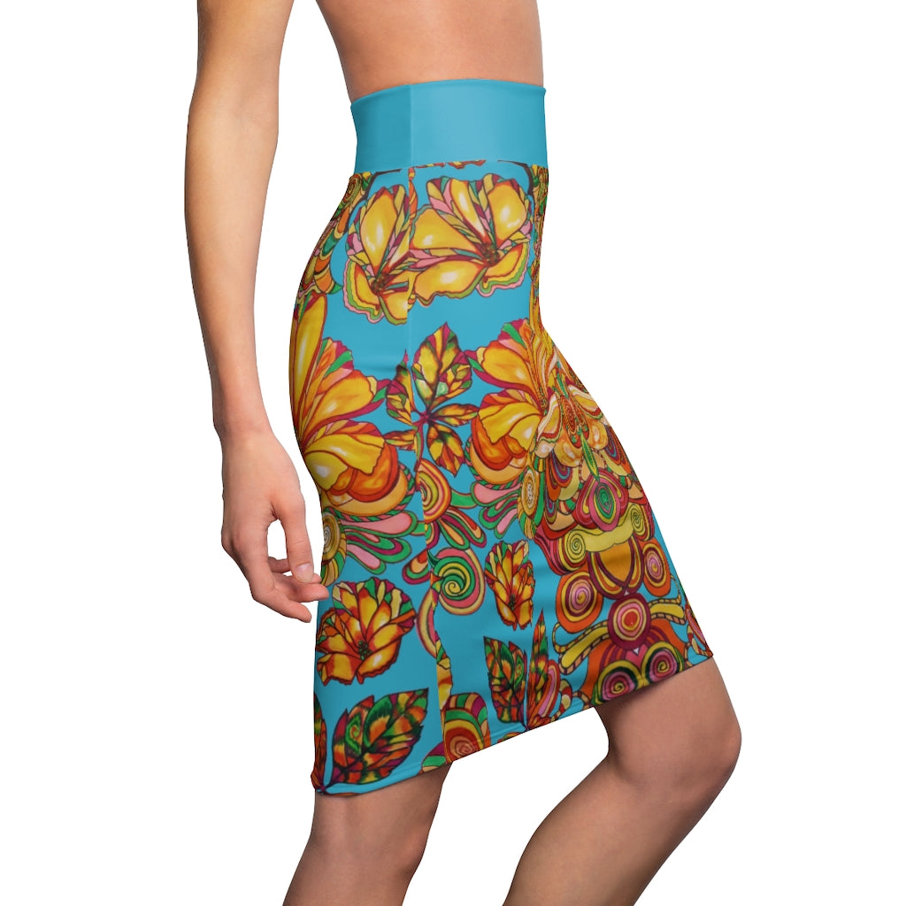 Artsy Floral Aqua Pencil Skirt