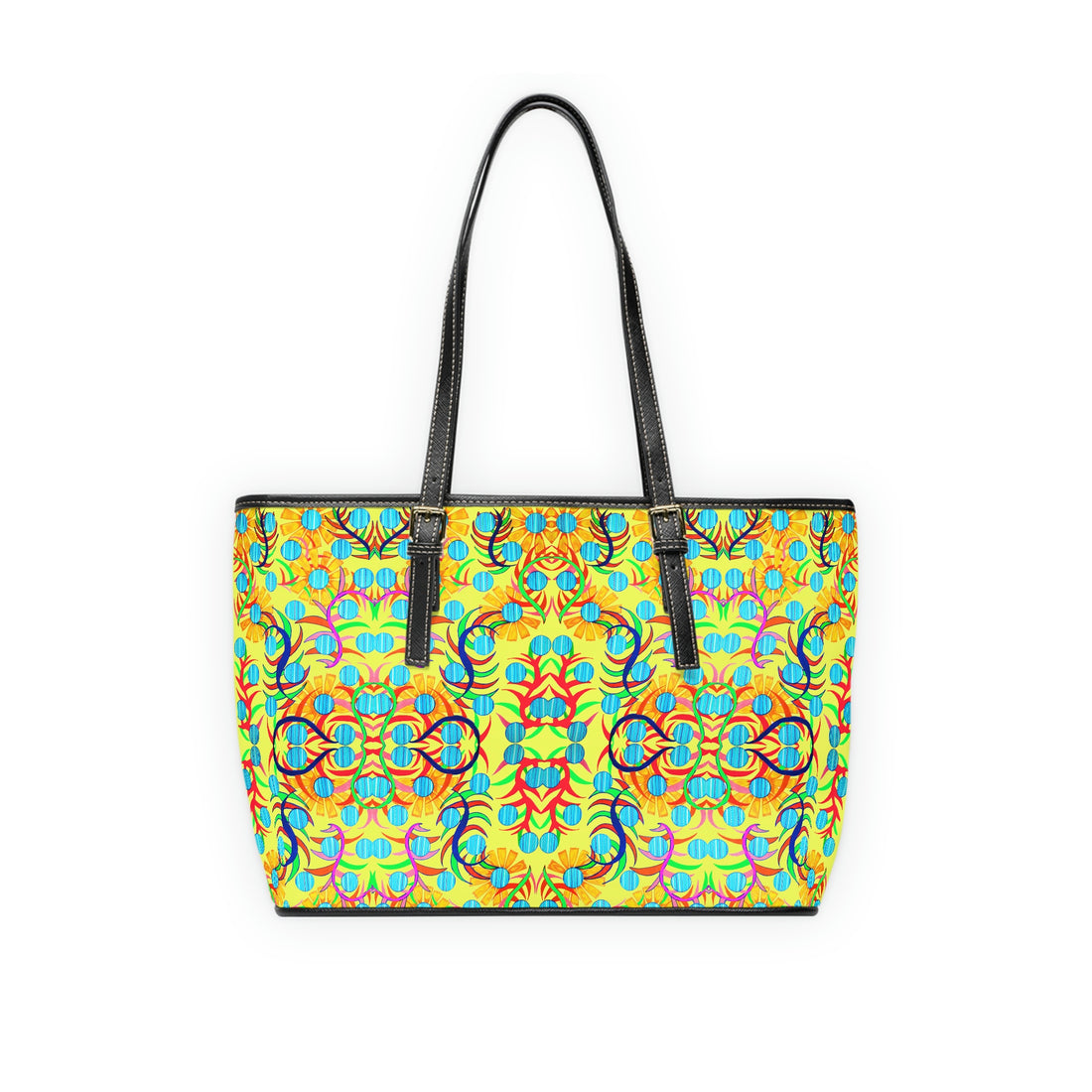 canary pu leather sunflower print oversize tote bag