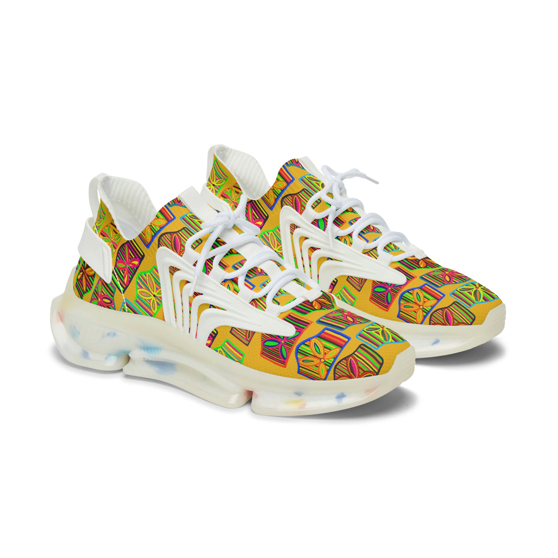 yellow women's art deco print mesh knit sneakers