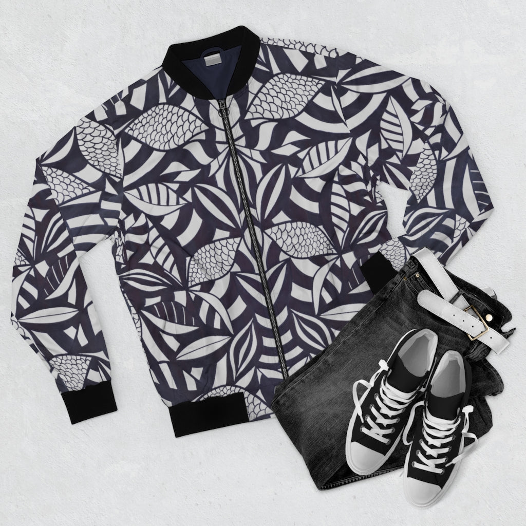slate grey tropical leaves print men's bomber jacket