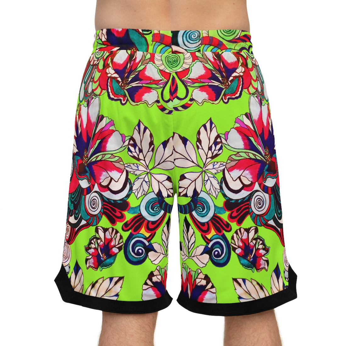 Lime Green Graphic Floral Basketball Rib Shorts (AOP)