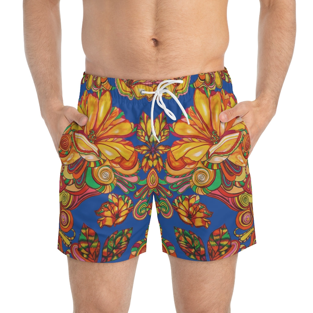 Artsy Floral Men's Blue Swimming Trunks