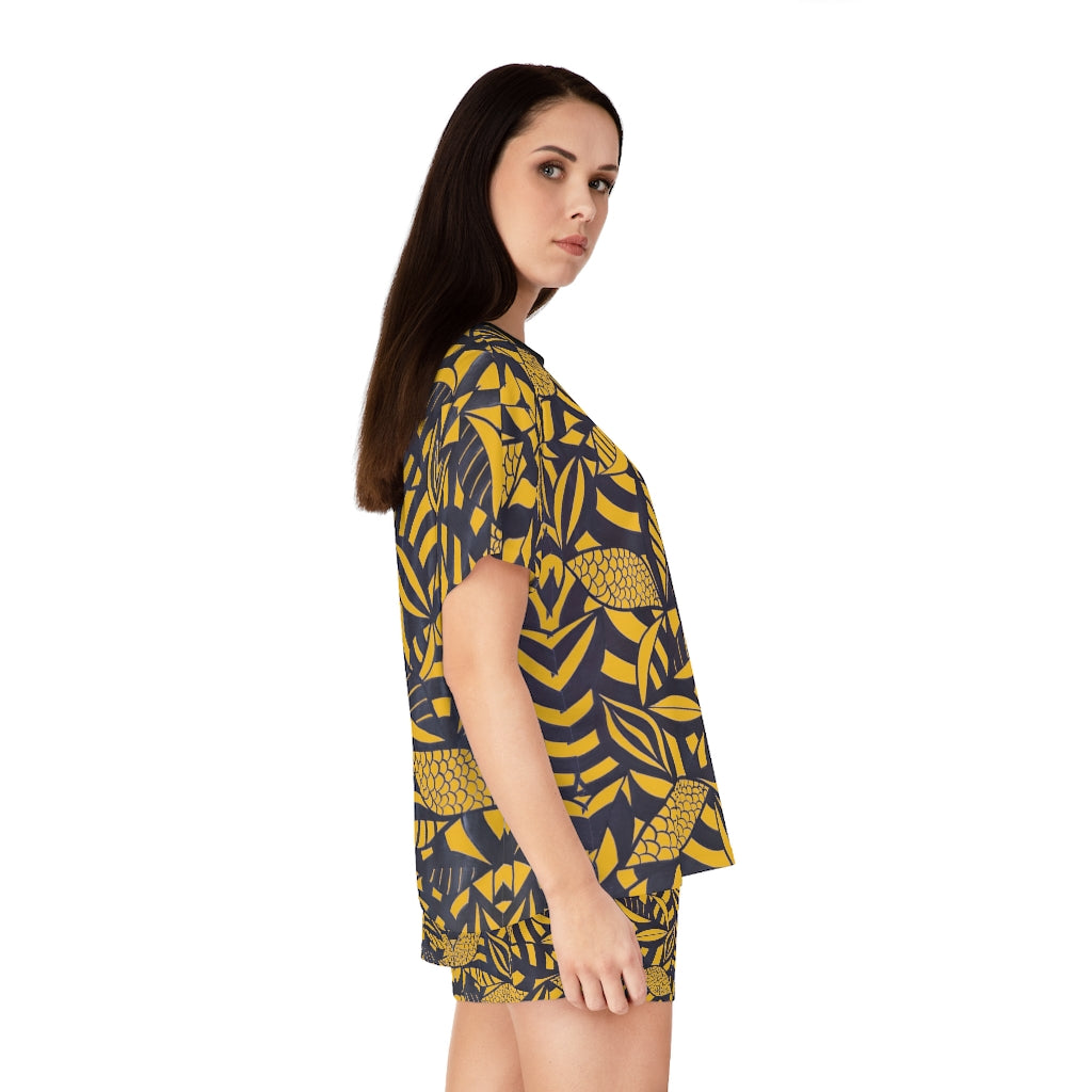 Yellow Tropical Minimalist Short Pajama Set (AOP)