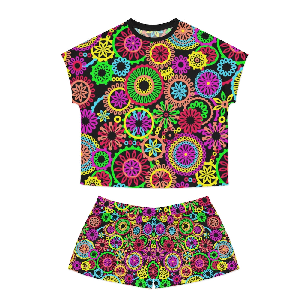 Black 70's Vibe Short Pajama Set (AOP)