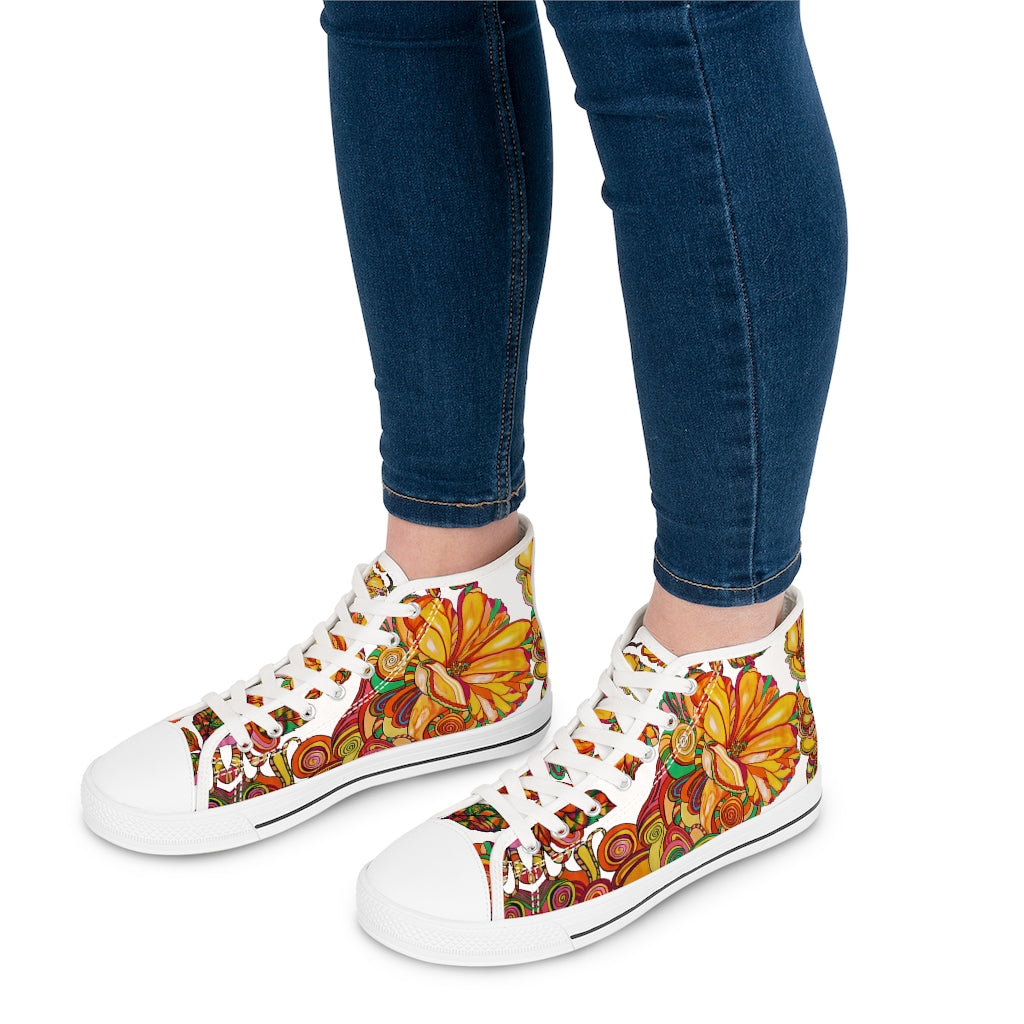 White Artsy Floral Women's High Top Sneakers