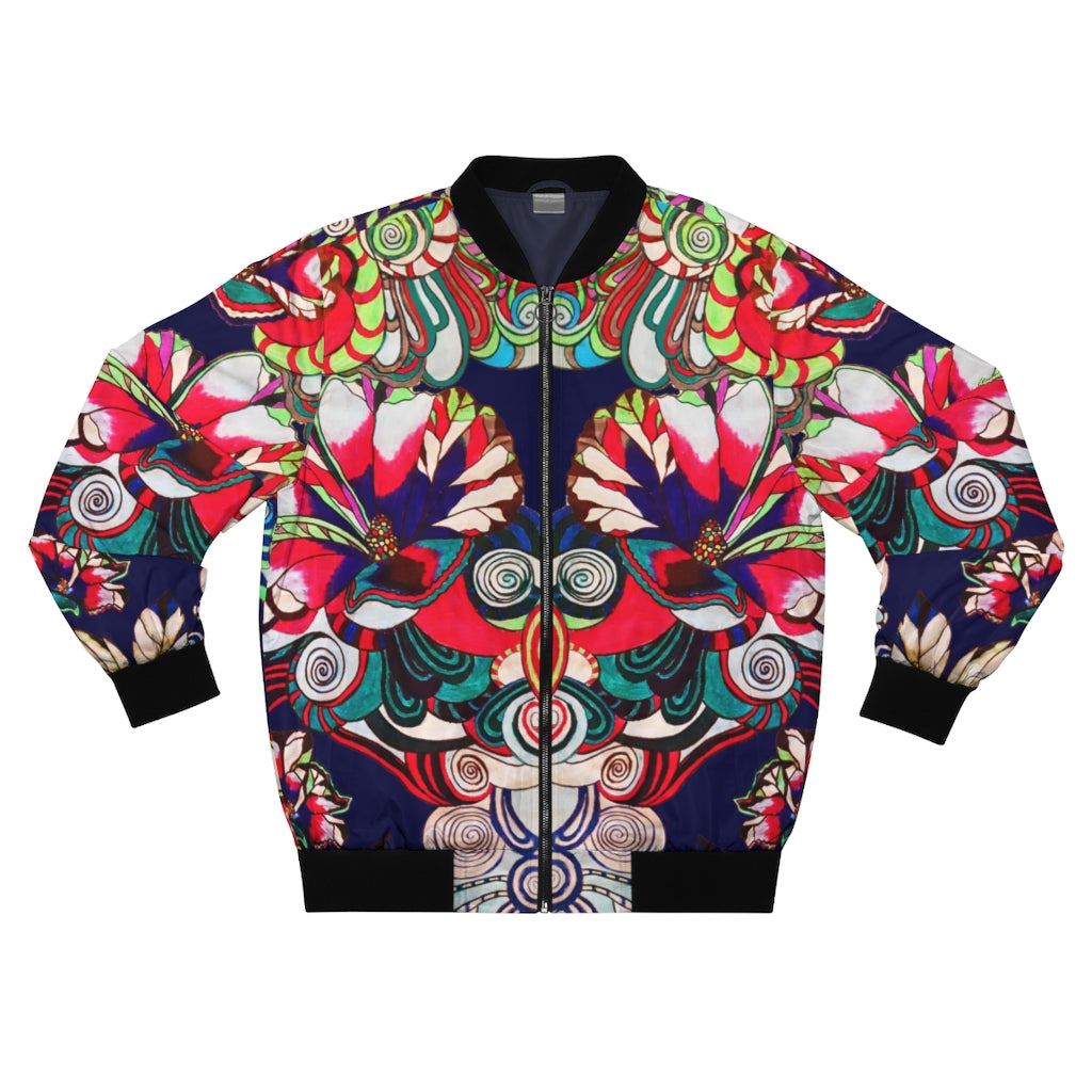 ink blue graphic floral men's bomber jacket