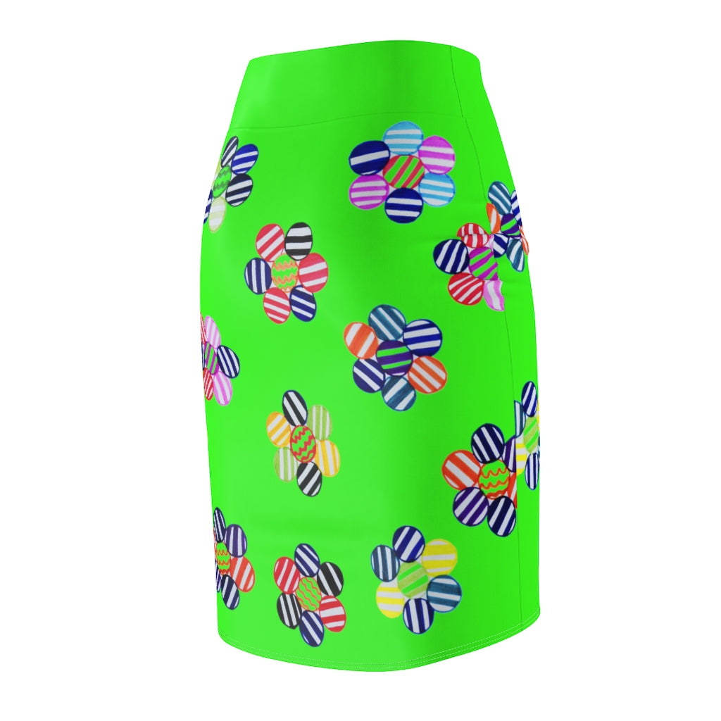 Neon Green Candy Florals Print Pencil Skirt