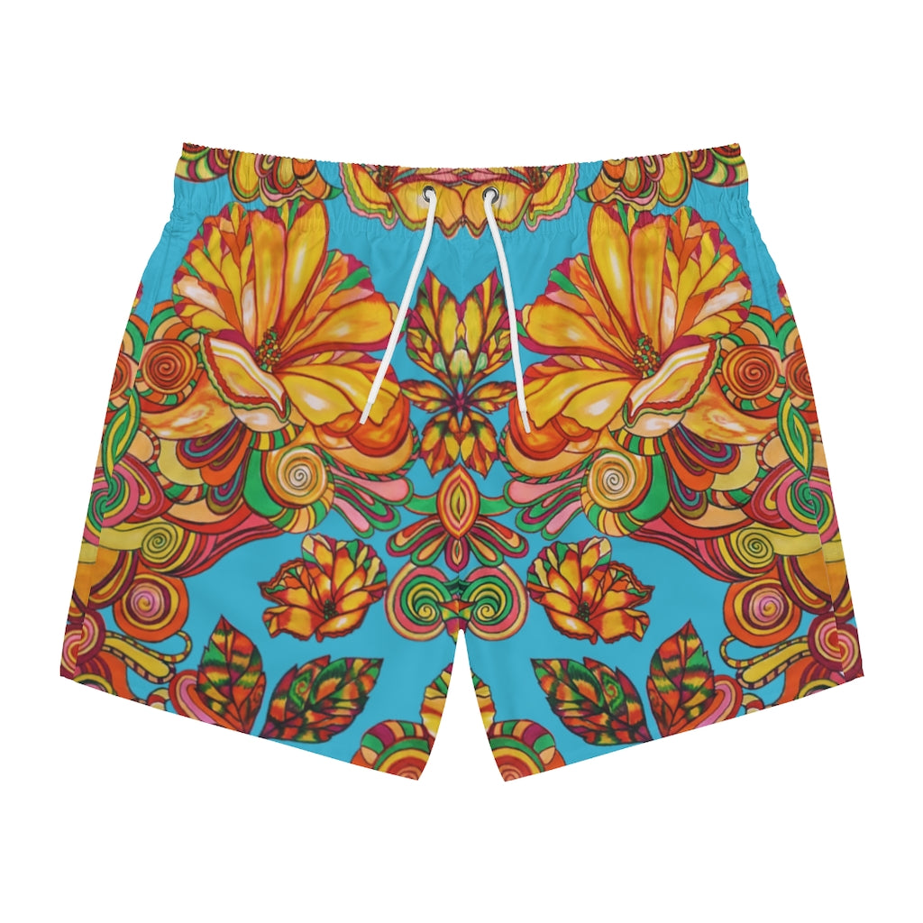 Artsy Floral Men's Aqua Swimming Trunks