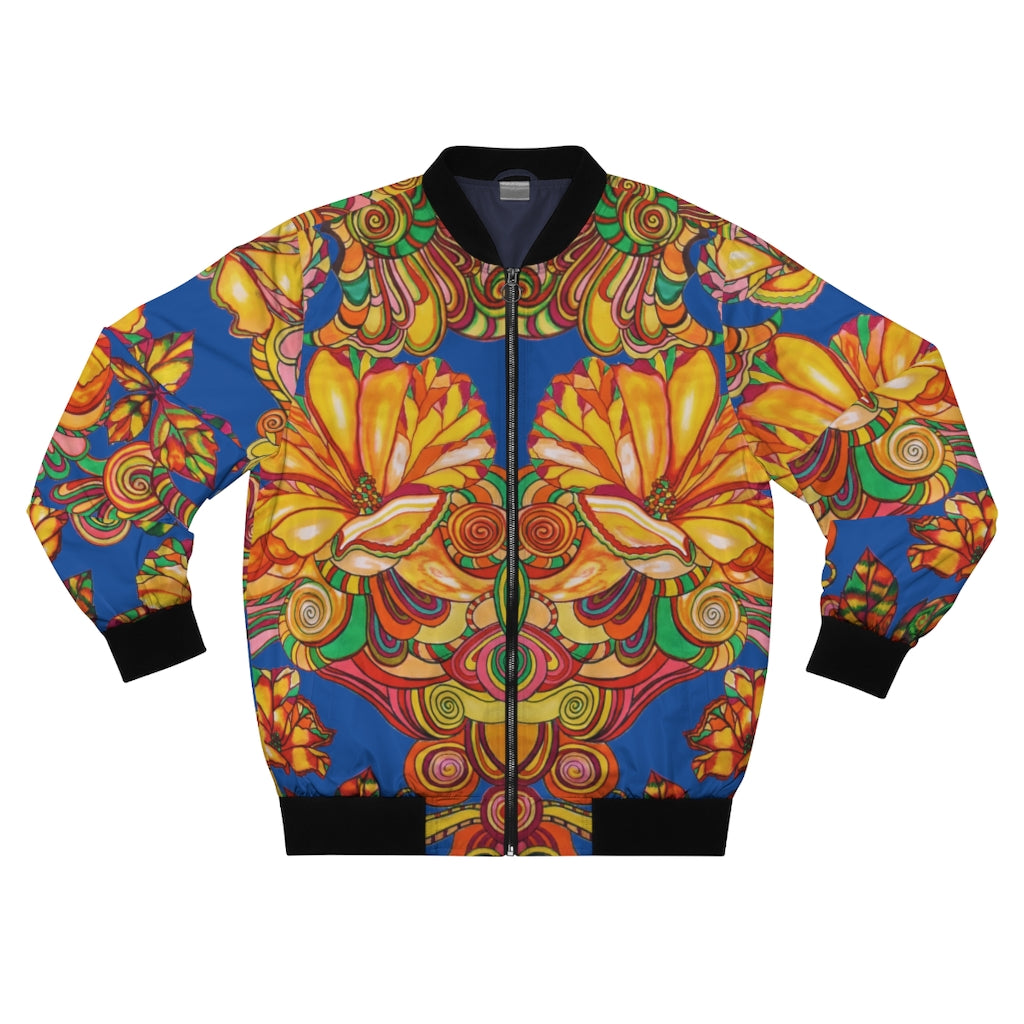 blue men's wear bomber jacket in artsy floral print