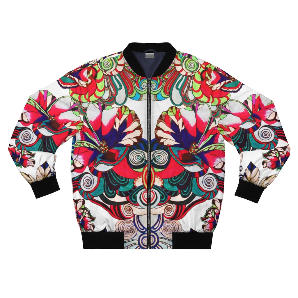 white graphic floral pop bomber jacket