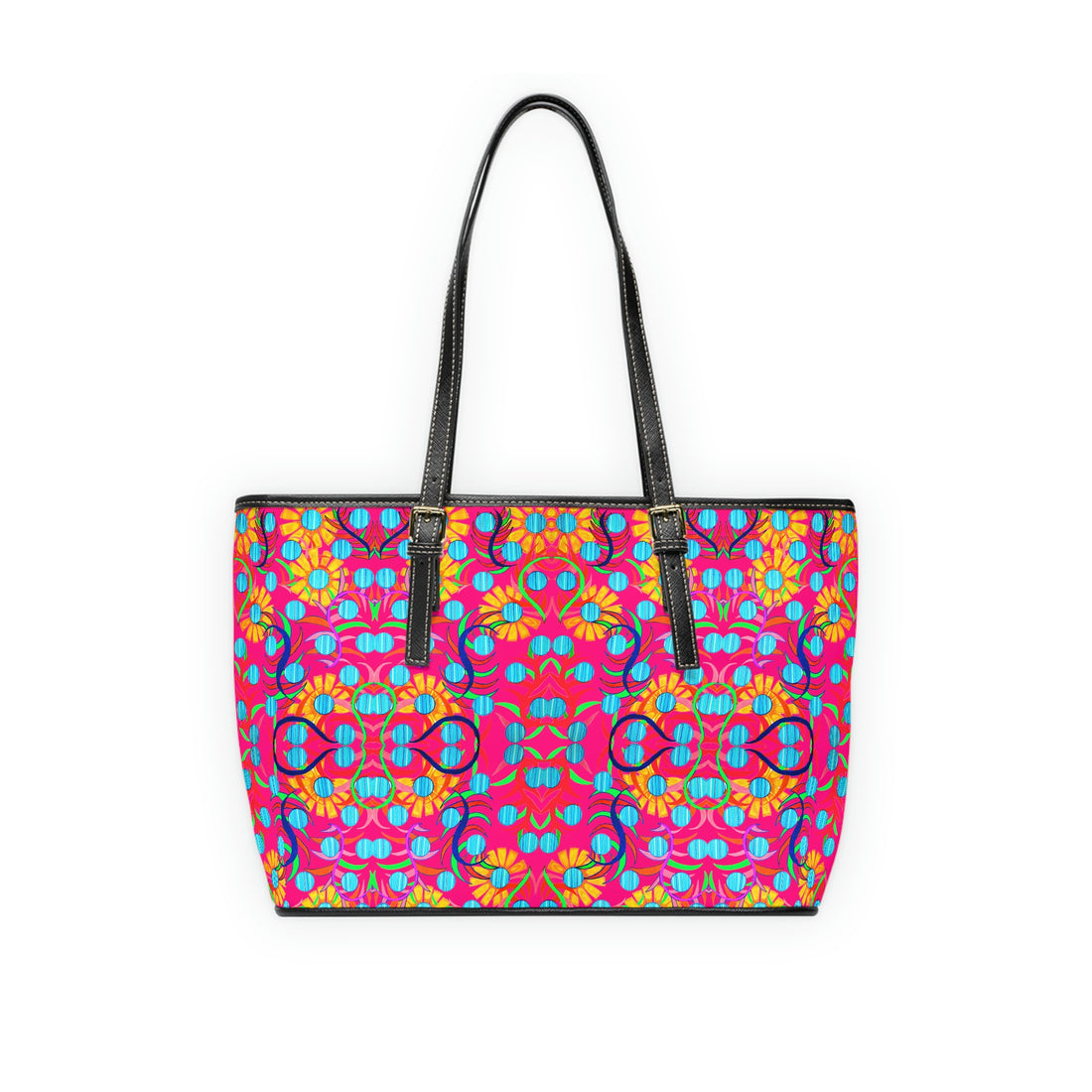 hot pink sunflower print pu leather tote bag