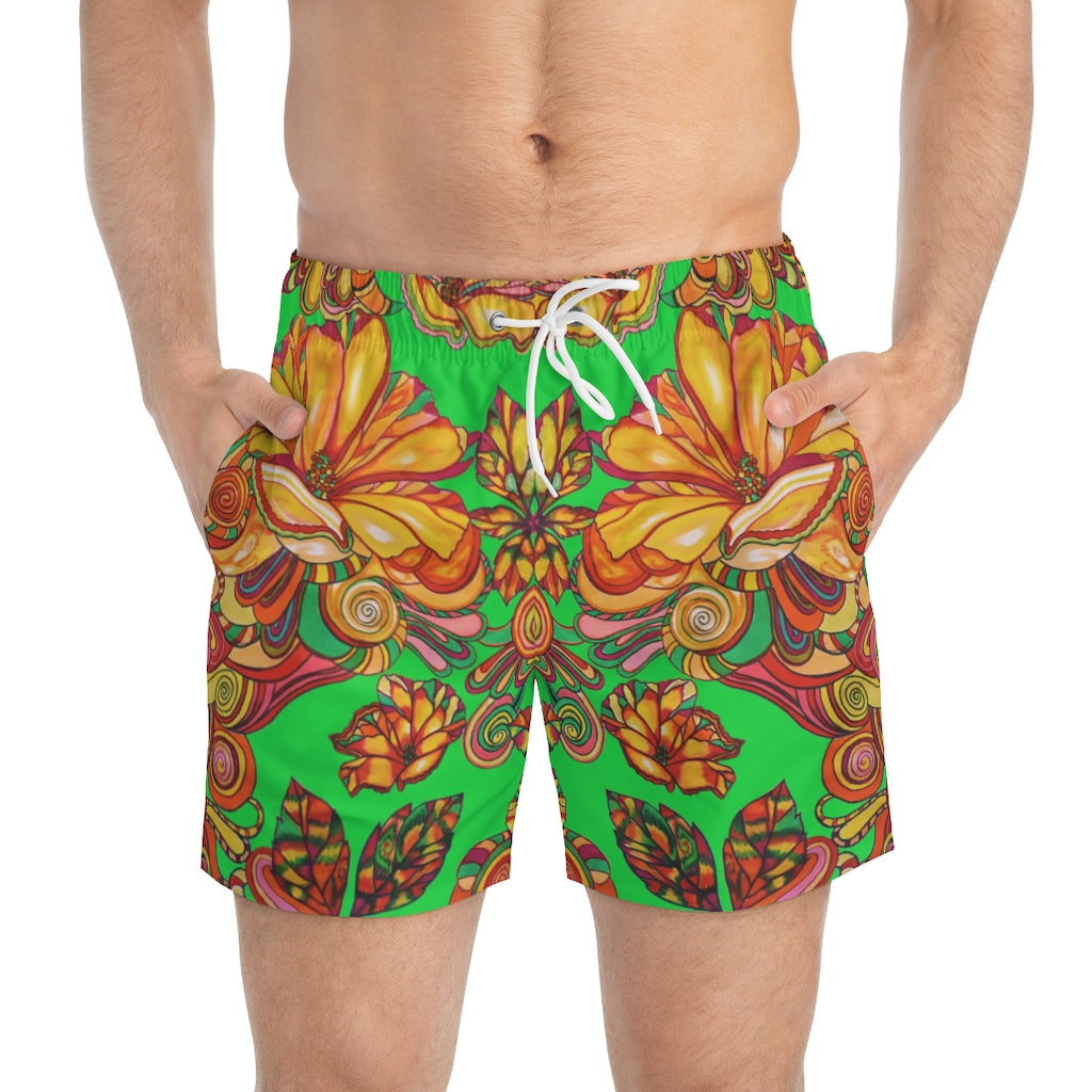 Artsy Floral Men's Green Swimming Trunks