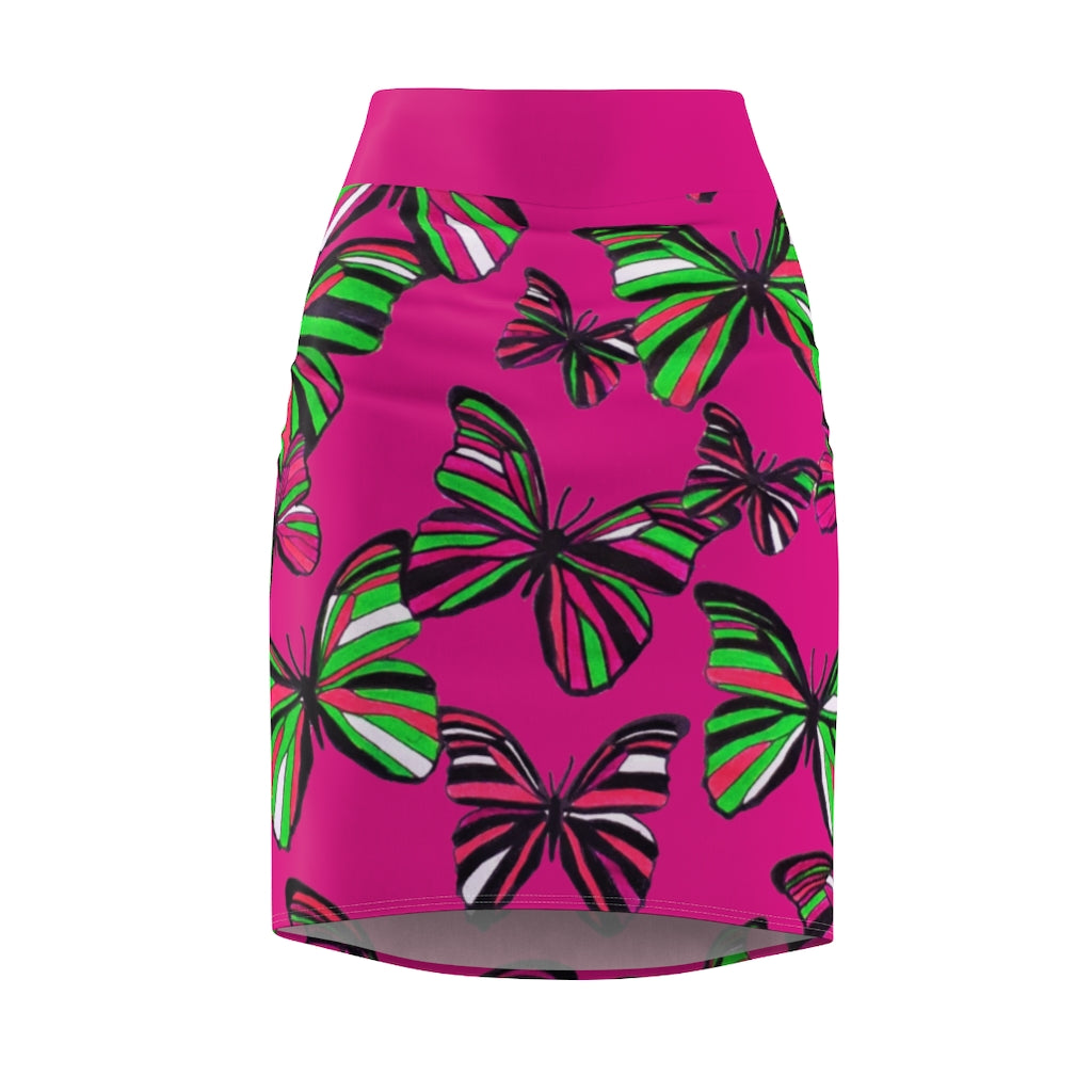 Hot Pink Butterflies Pencil Skirt