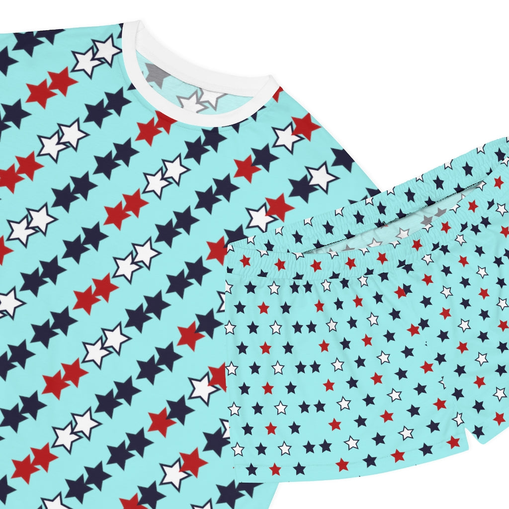 icy blue star print shorts & t-shirt pajama set for women