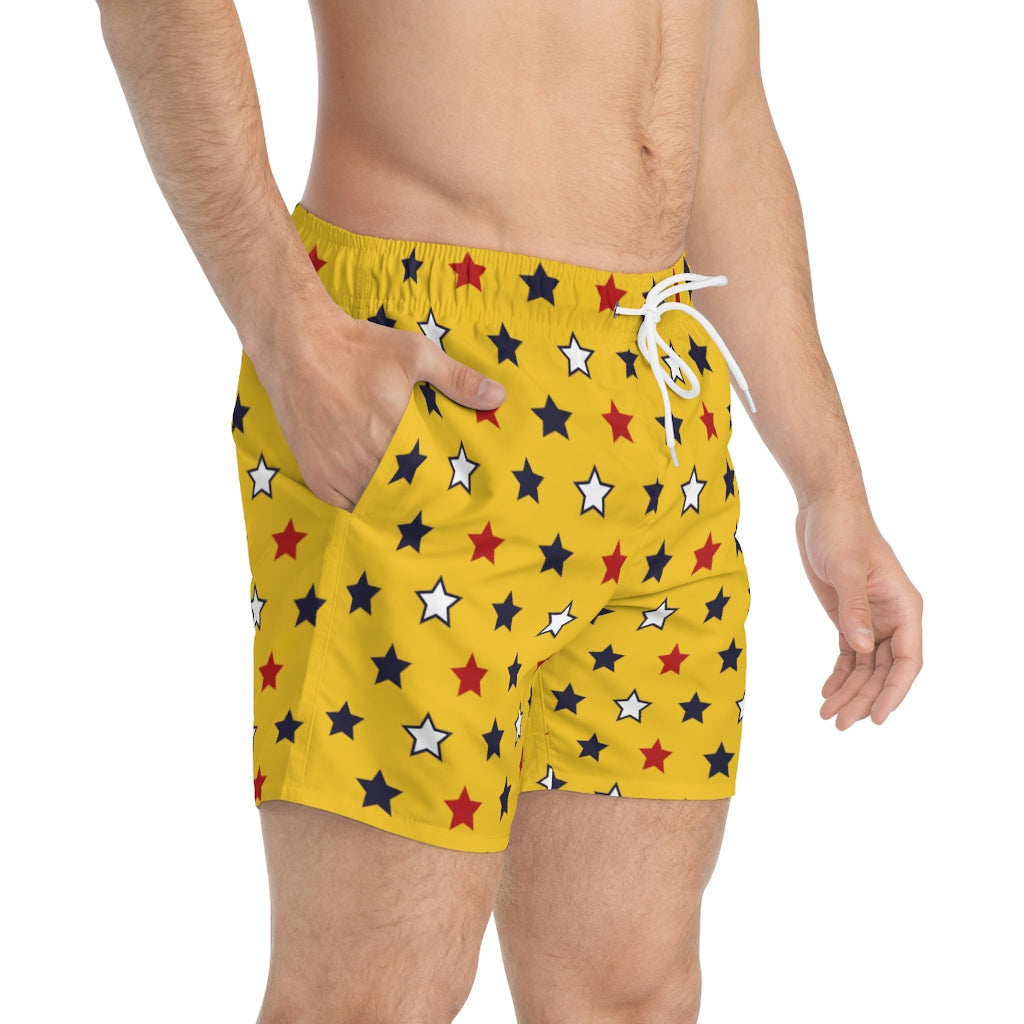 yellow star print 4th of July men's swimming trunks by labelrara