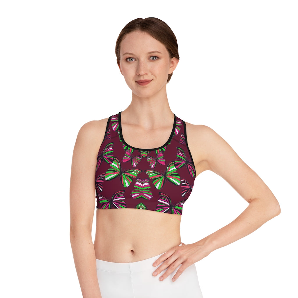 marsala butterfly print sports bra