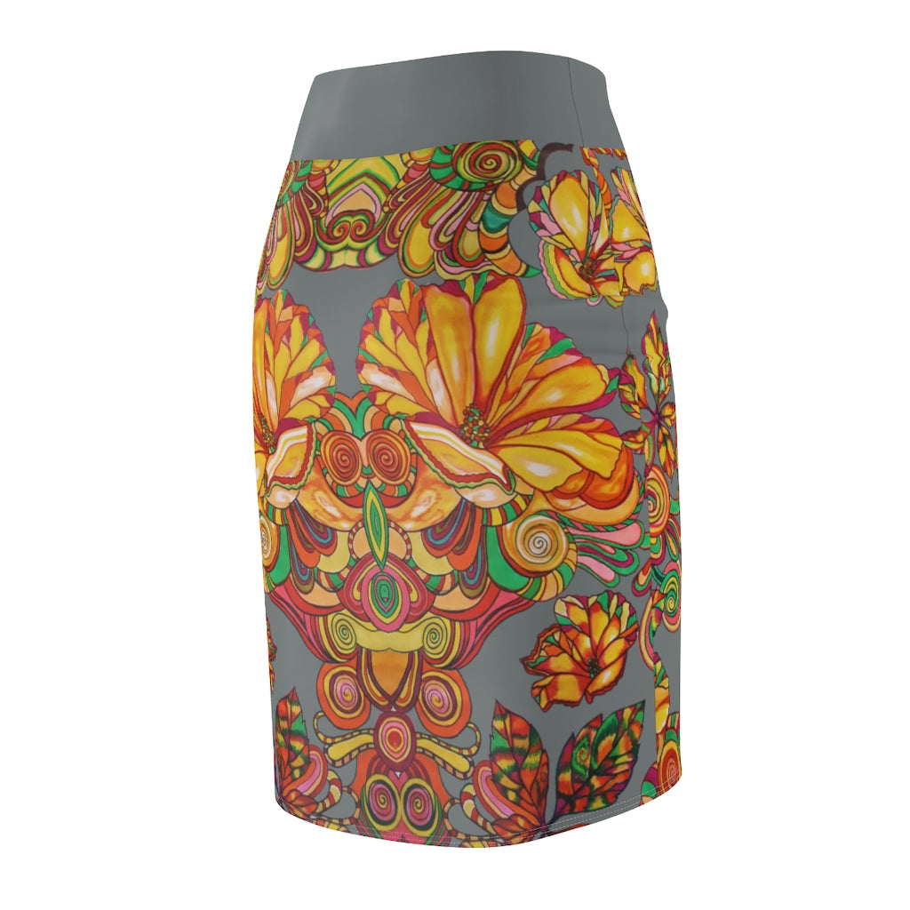 Artsy Floral Ash Pencil Skirt