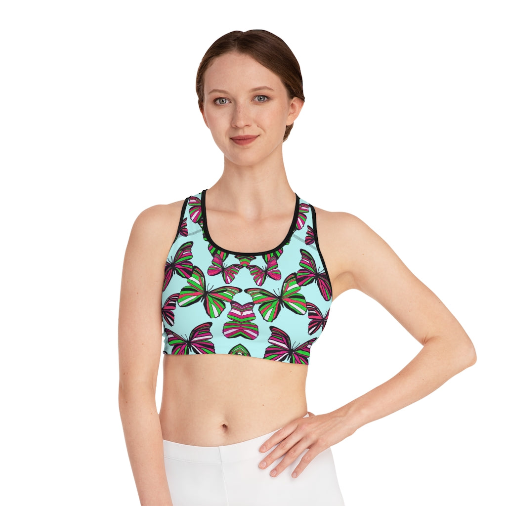Icy Blue Butterfly (AOP) Sports Bra