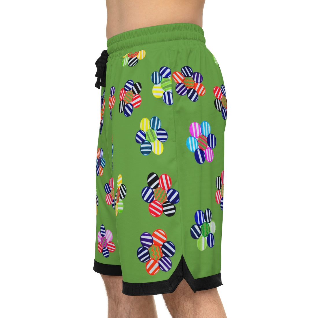 olive green geometric floral print basketball shorts