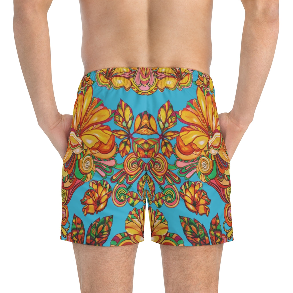 Artsy Floral Men's Aqua Swimming Trunks