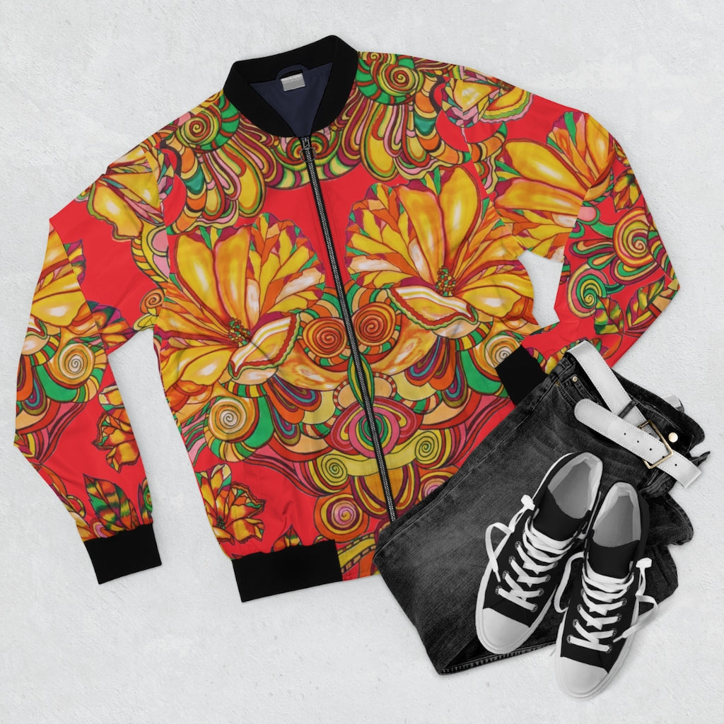 red men's wear bomber jacket in artsy floral print