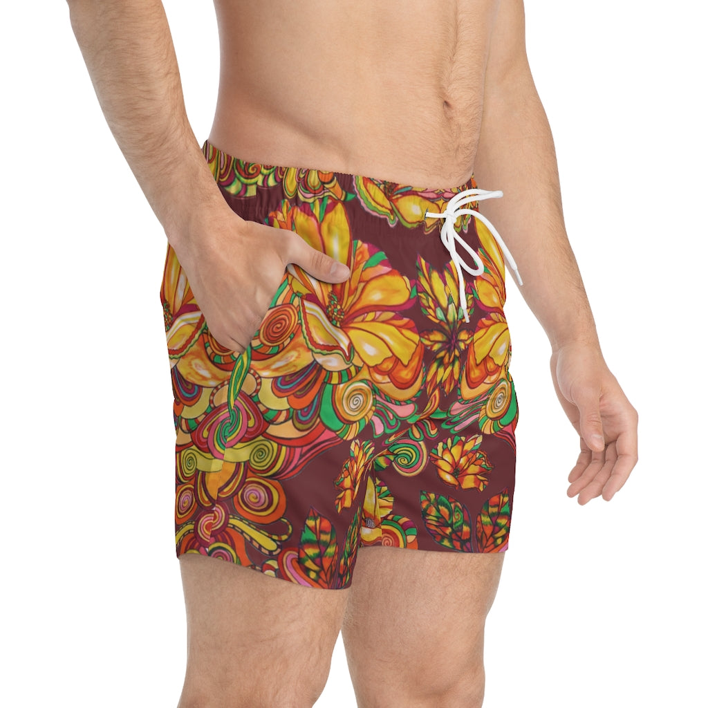 Artsy Floral Men's Marsala Swimming Trunks