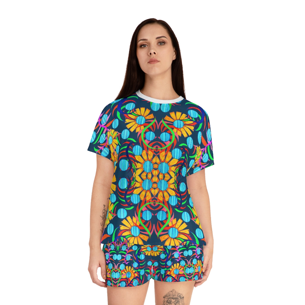 teal sunflower pajama shorts & tshirt set for women